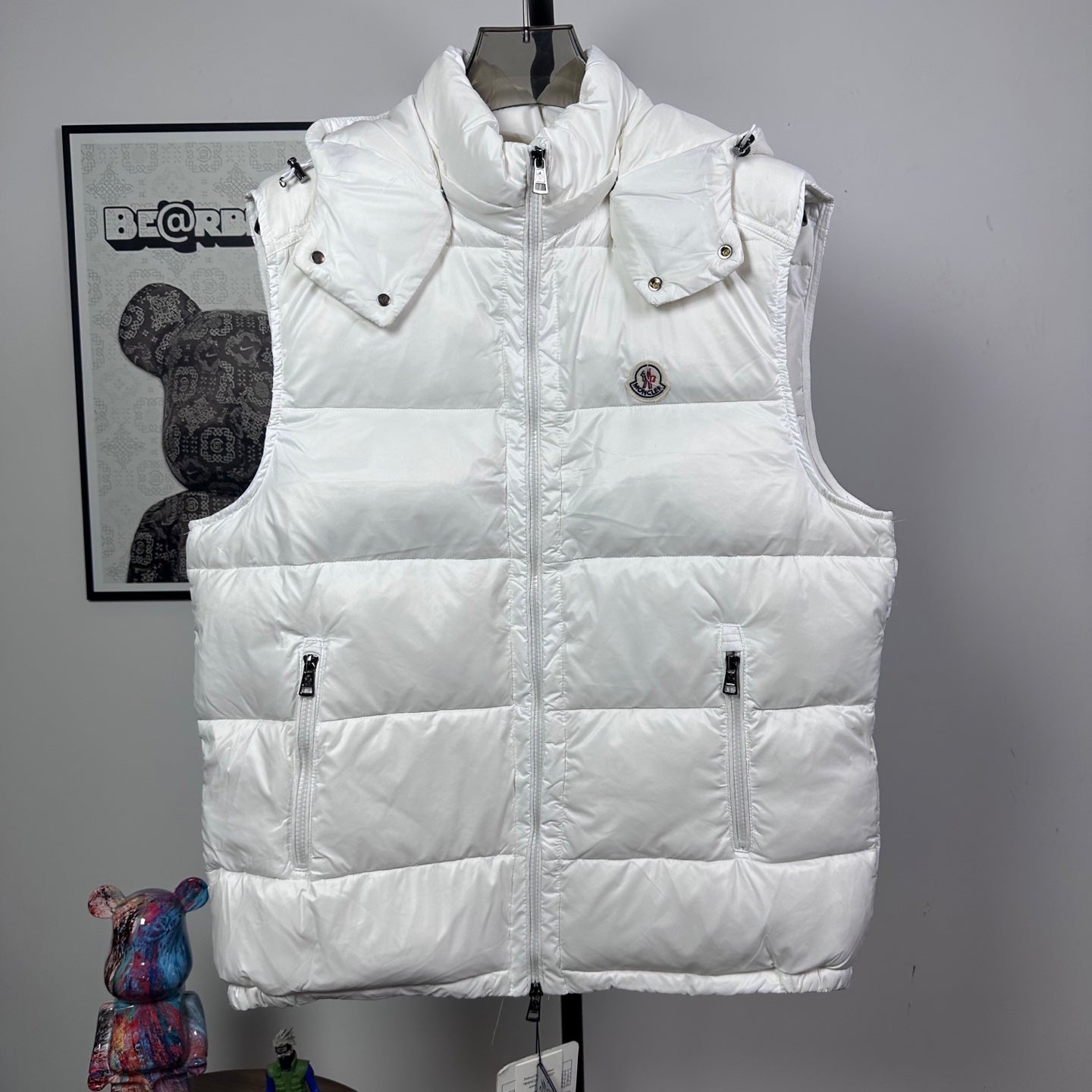 Moncler hooded puffer vest, white, front zip and flap pockets