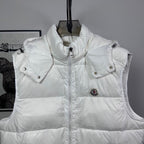 Moncler hooded puffer vest, white, front view with snap shoulder buttons
