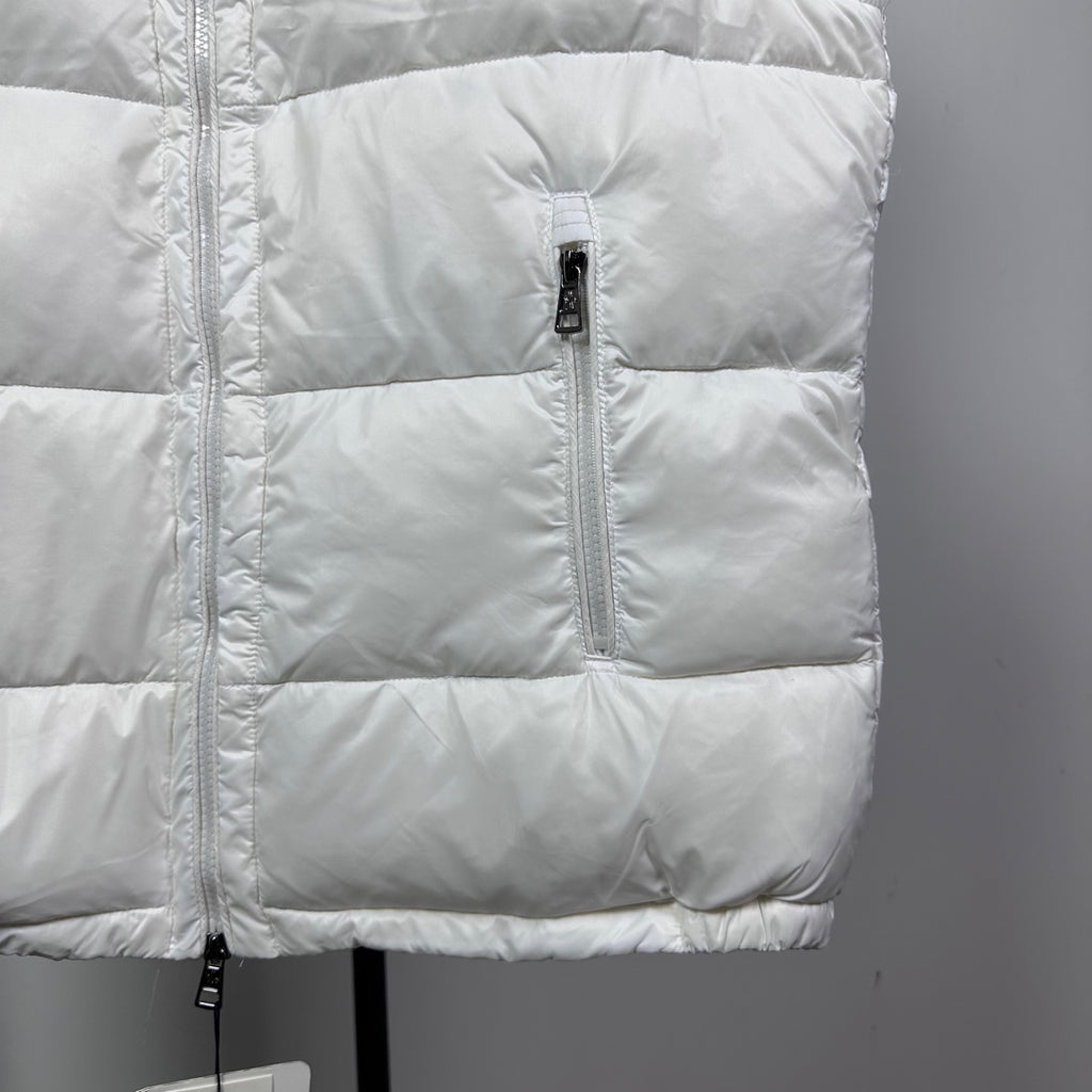 Moncler puffer vest, white, center front zipper and quilted panels
