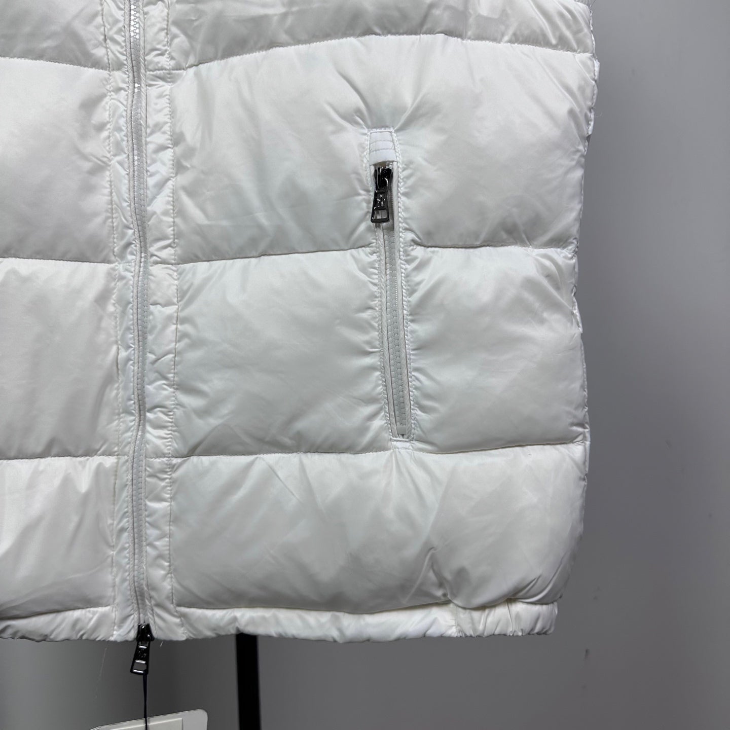 Moncler puffer vest, white, center front zipper and quilted panels