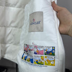 Moncler puffer vest, white, hood label and comic-style patch