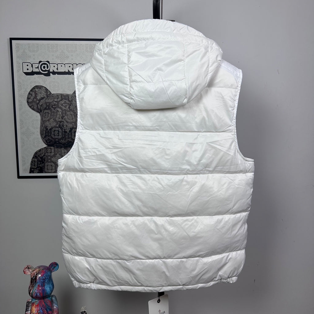 Moncler hooded puffer vest, white, back view with hood