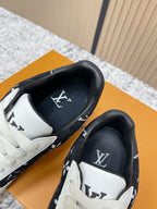 Louis Vuitton unisex sneakers, inner heel lining with monogram print on dark and white