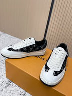 Louis Vuitton unisex sneakers, white lace-up with black monogram print on the upper