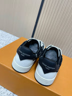 Louis Vuitton unisex sneakers, back view with black heel panels and white midsoles