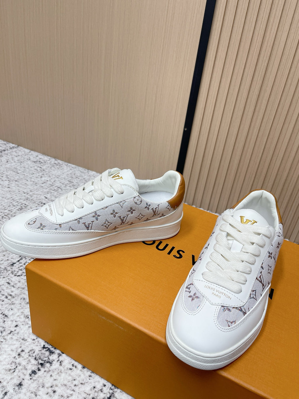 Louis Vuitton unisex sneakers, white monogram canvas with white laces and gold trim