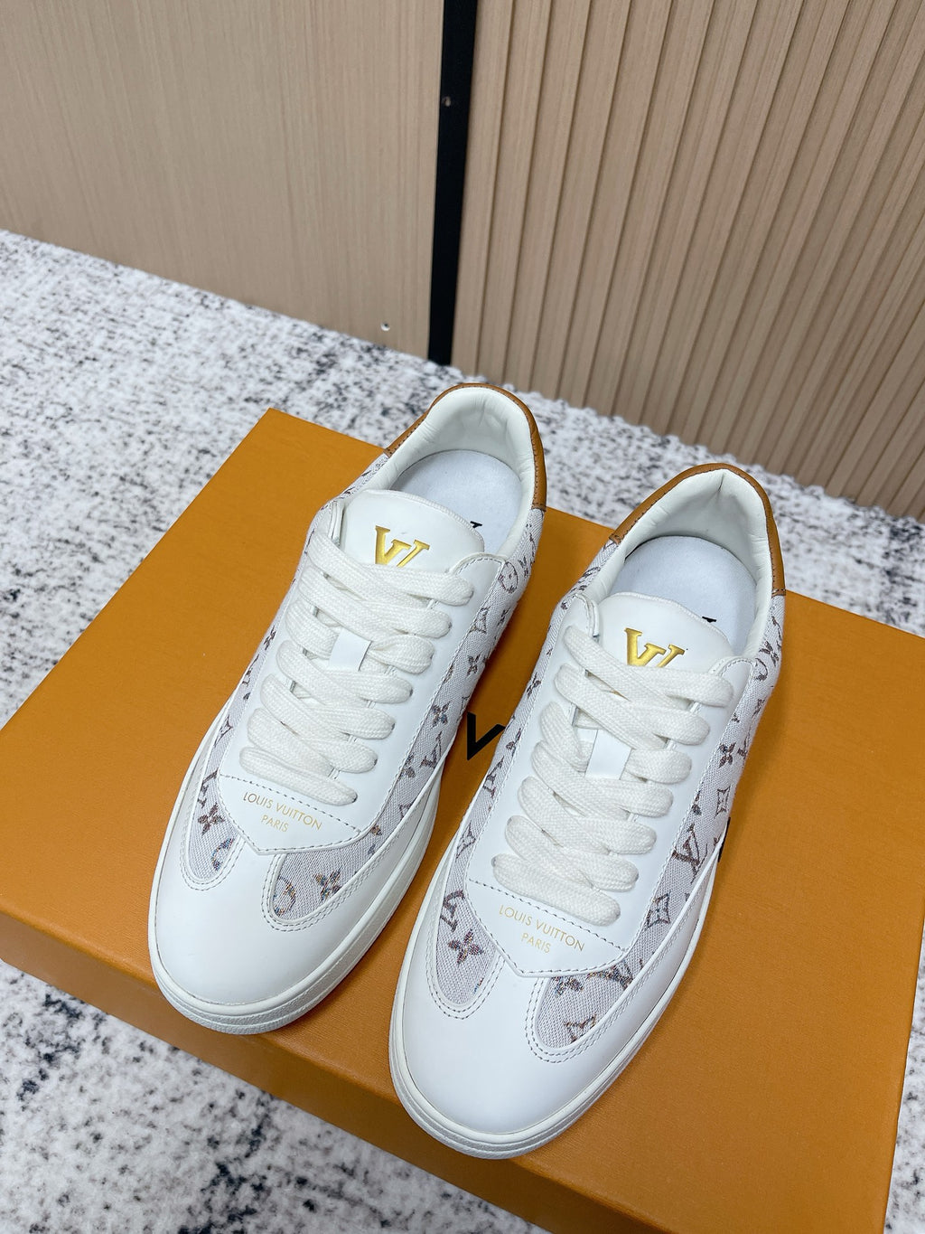 Louis Vuitton unisex sneakers, white leather with monogram pattern and gold logo accents