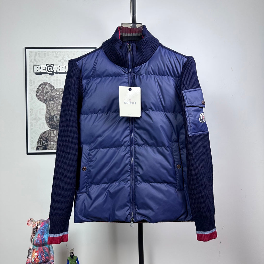 Dark blue Moncler padded jacket with front zip and stand collar