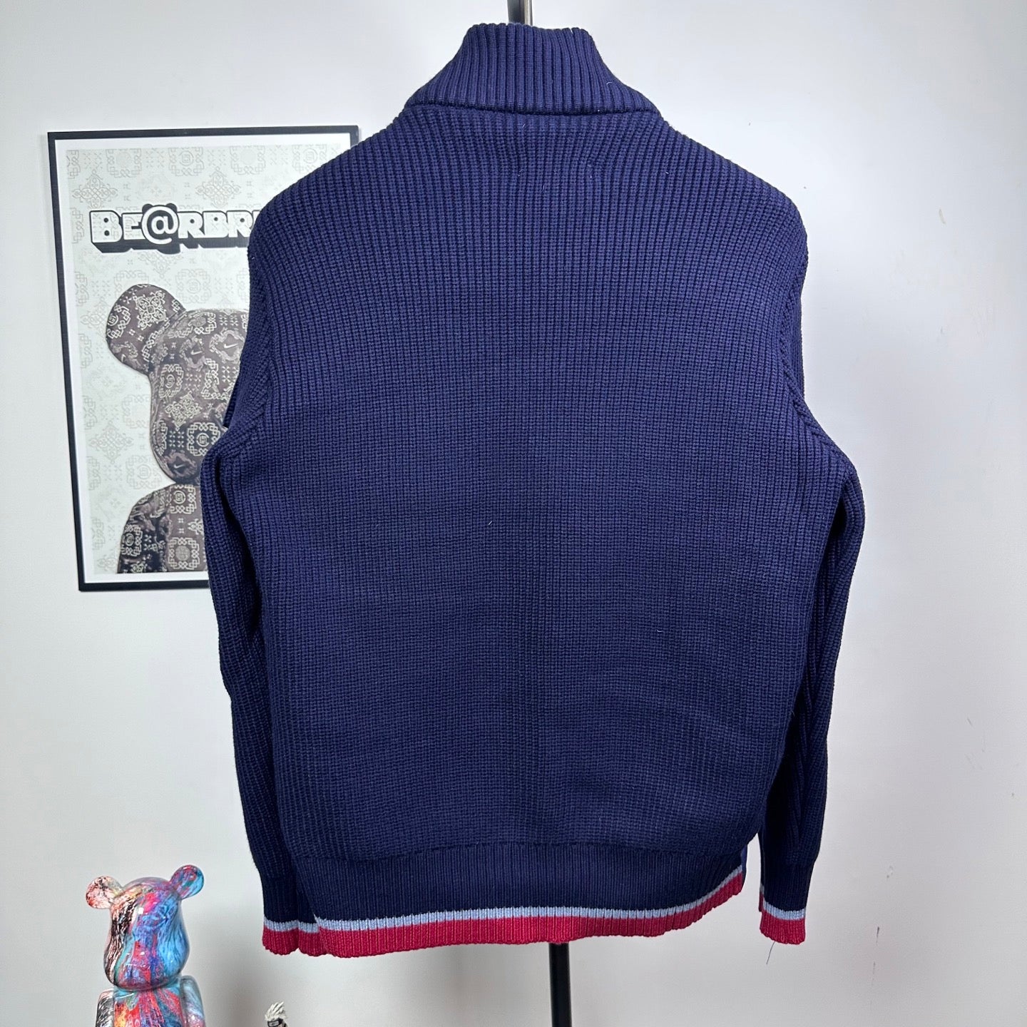 Dark blue Moncler padded jacket with ribbed stand collar and knit texture