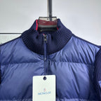 Dark blue Moncler padded jacket with ribbed collar and logo hang tag