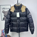 Long Moncler puffer jacket with beige hood panel and dark navy body