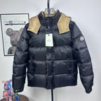 Long Moncler puffer jacket with beige hood panel and dark navy body