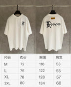 White Louis Vuitton T-shirt front and back view with size chart