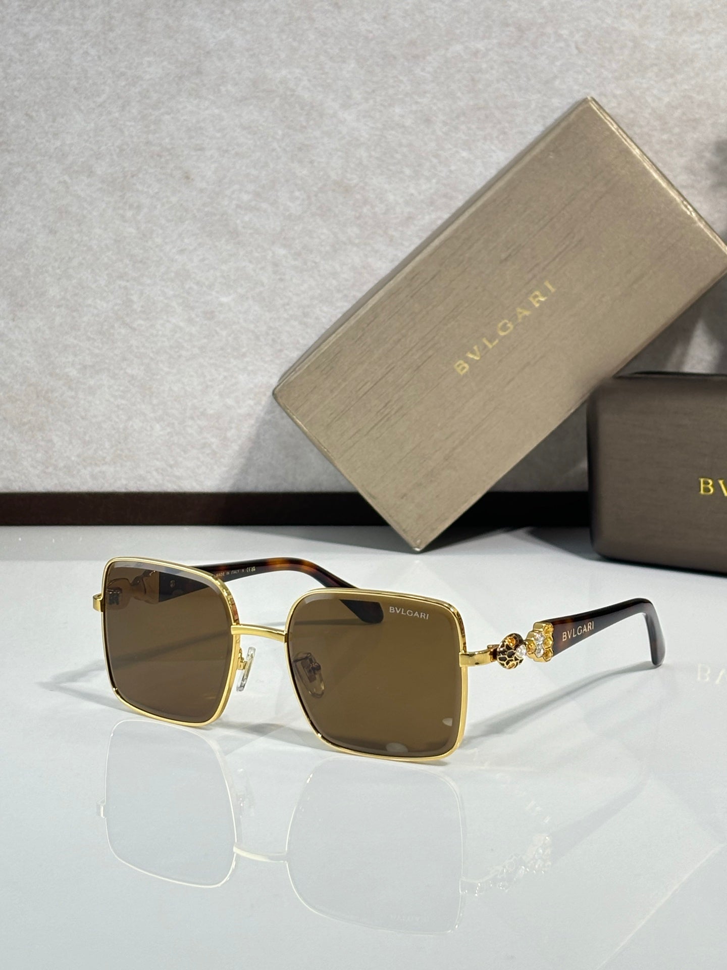 Bvlgari glasses with tortoiseshell frame and brown-tinted square lenses