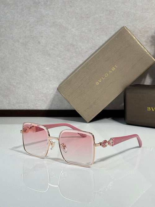Bvlgari glasses with pink frame and pink-tinted rectangular lenses