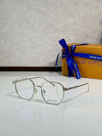 Round sunglasses with silver frames and clear lenses