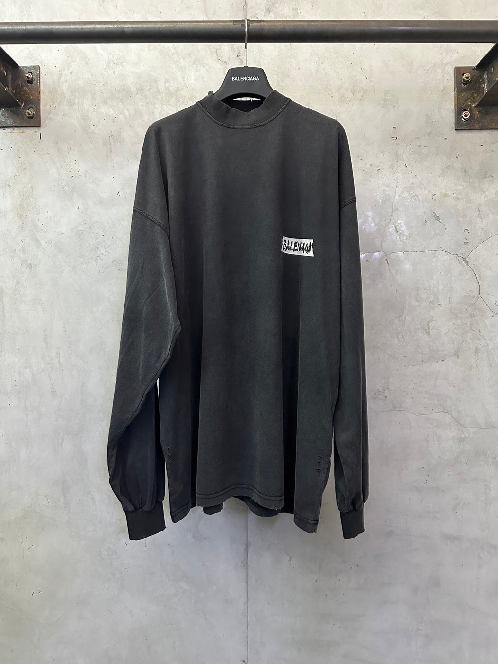 Balenciaga long-sleeve top, dark gray, front small logo patch