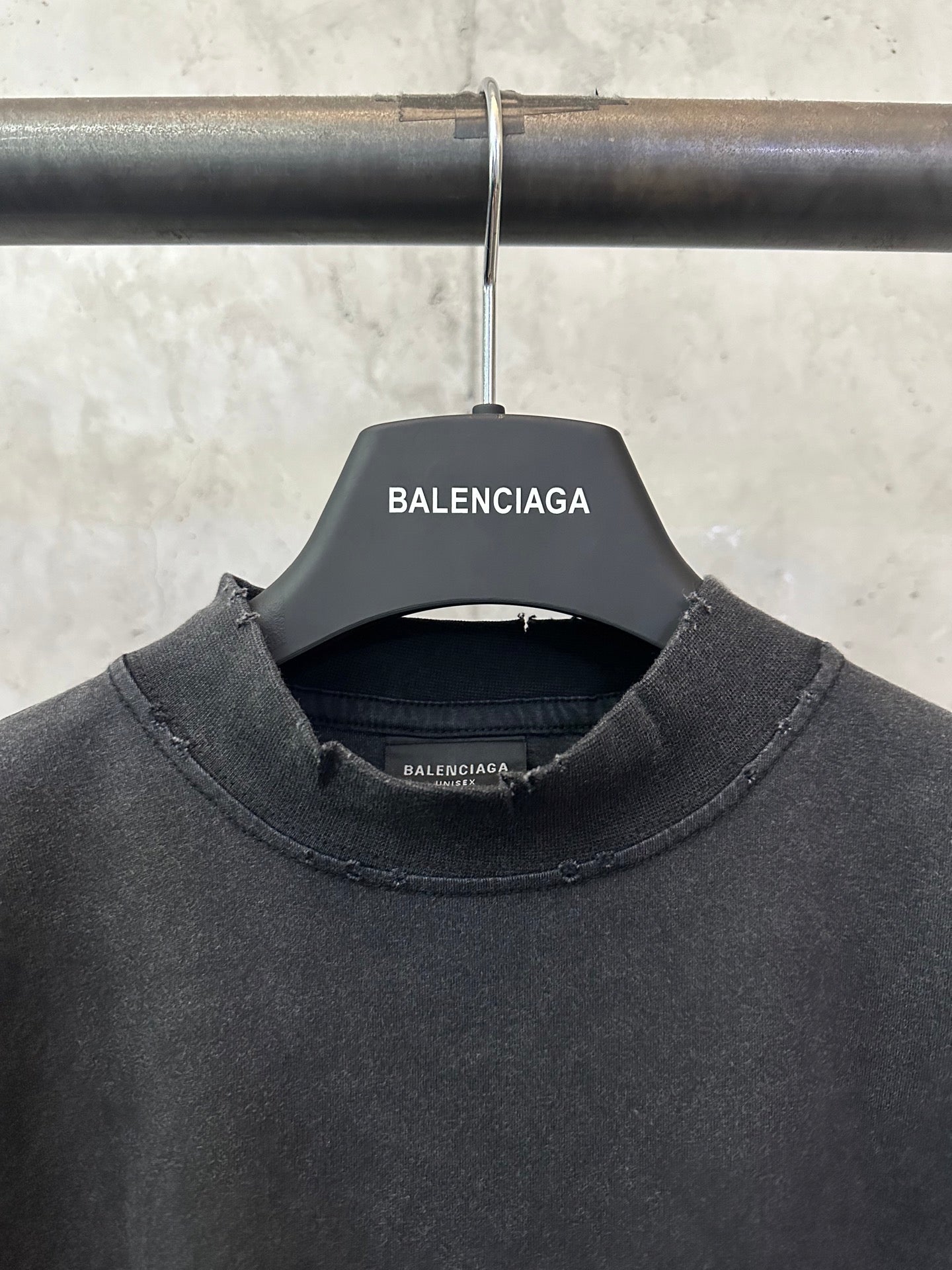 Balenciaga long-sleeve top neckline, dark gray, crew neck with inner tag