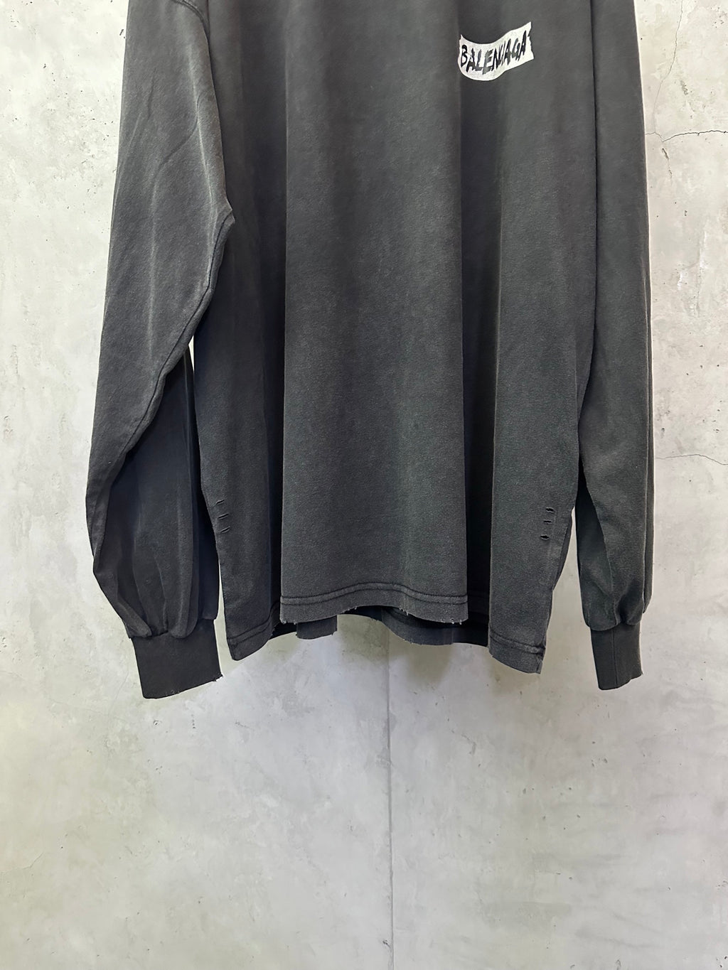 Balenciaga long-sleeve top, dark gray, dropped shoulders, ribbed cuffs