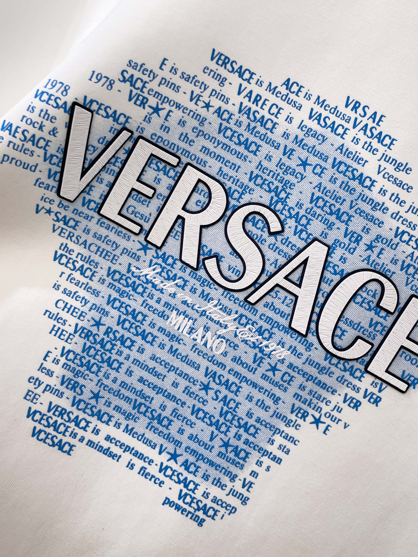 White crewneck sweatshirt with large blue Versace word graphic and dense text print.