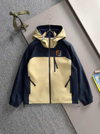 Colorblock hooded windbreaker jacket in navy and light yellow with zip front and pockets