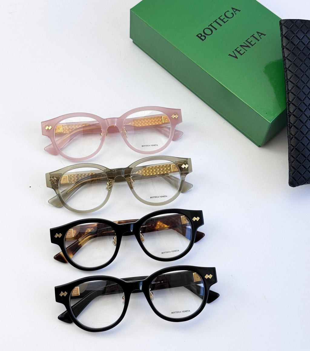 Bottega Veneta eyeglasses set with pink, olive, tortoise, and black frames with gold temples