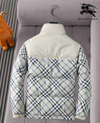 Burberry quilted jacket back view with plaid lower yoke and light beige upper
