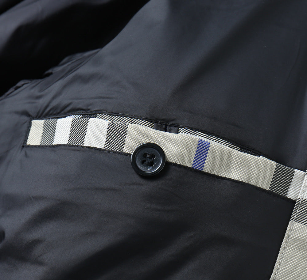 Burberry long jacket cuff detail with button and check trim, dark fabric