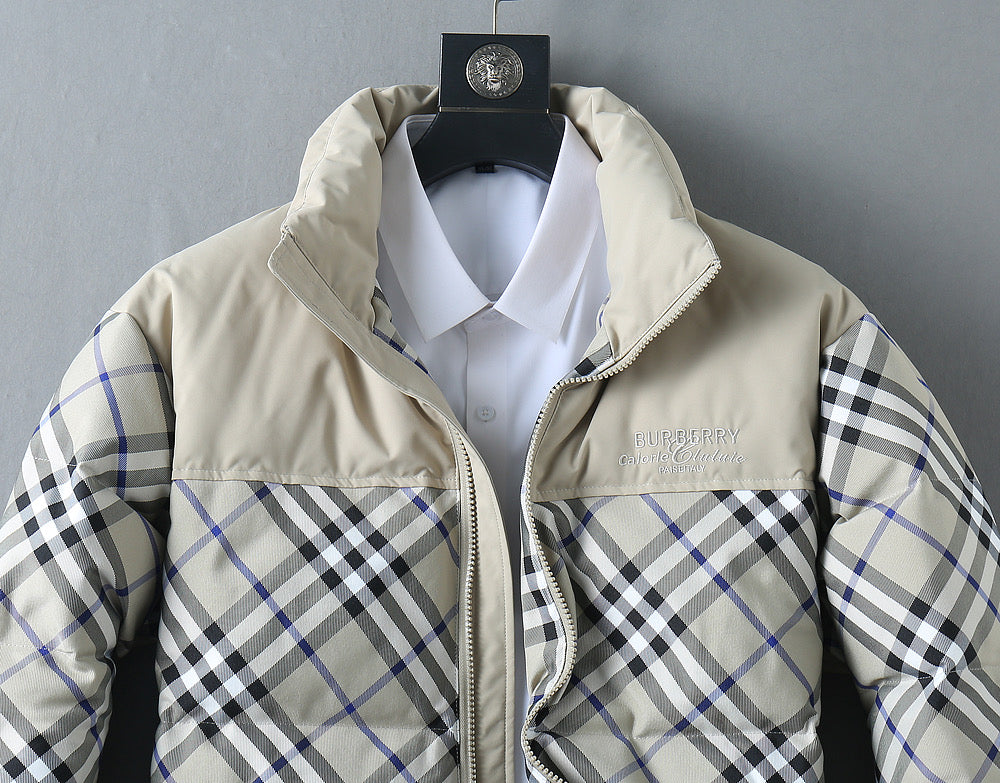 Burberry quilted jacket close-up with plaid panels and light beige chest