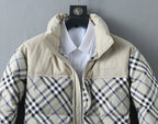 Burberry quilted jacket close-up with plaid panels and light beige chest
