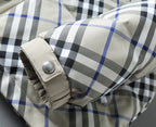 Burberry jacket cuff with snap button on beige and blue plaid
