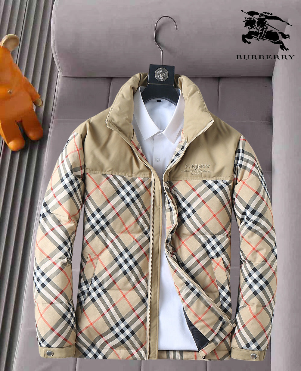 Burberry quilted jacket, light beige with blue, black, and white plaid panels