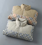 Burberry long jacket with beige body, checked panels, and front zipper
