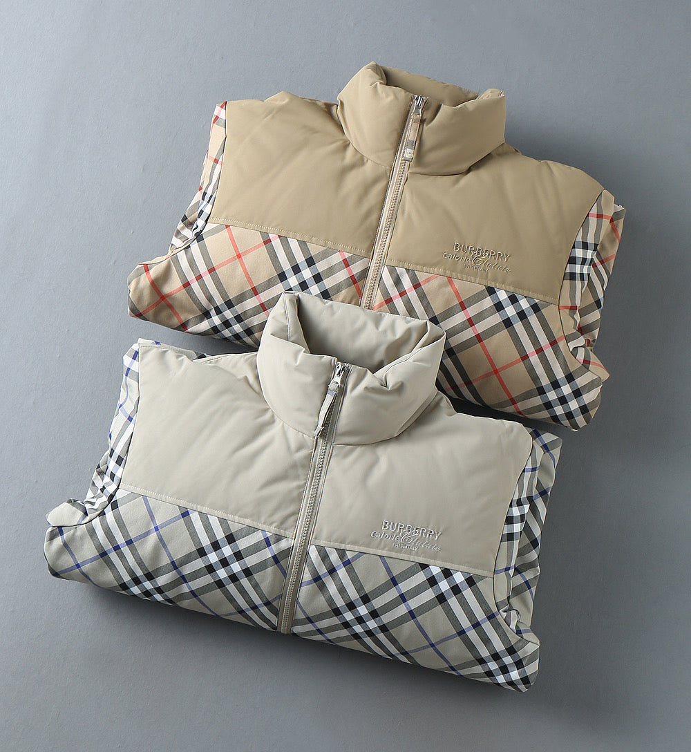 Burberry long jacket with beige body, checked panels, and front zipper