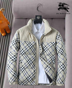 Burberry quilted jacket, plaid sleeves with light beige body and stand collar