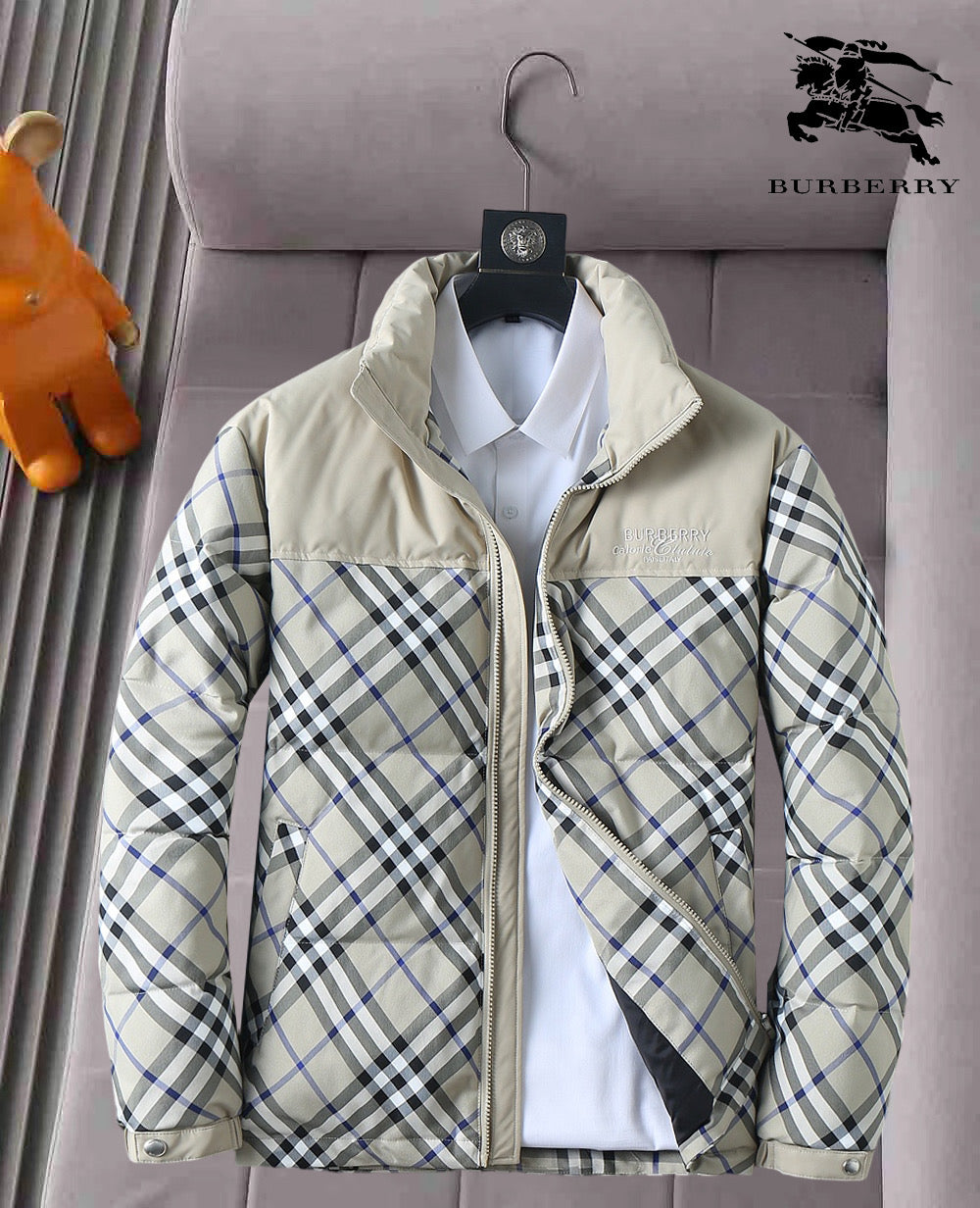 Burberry quilted jacket, plaid sleeves with light beige body and stand collar