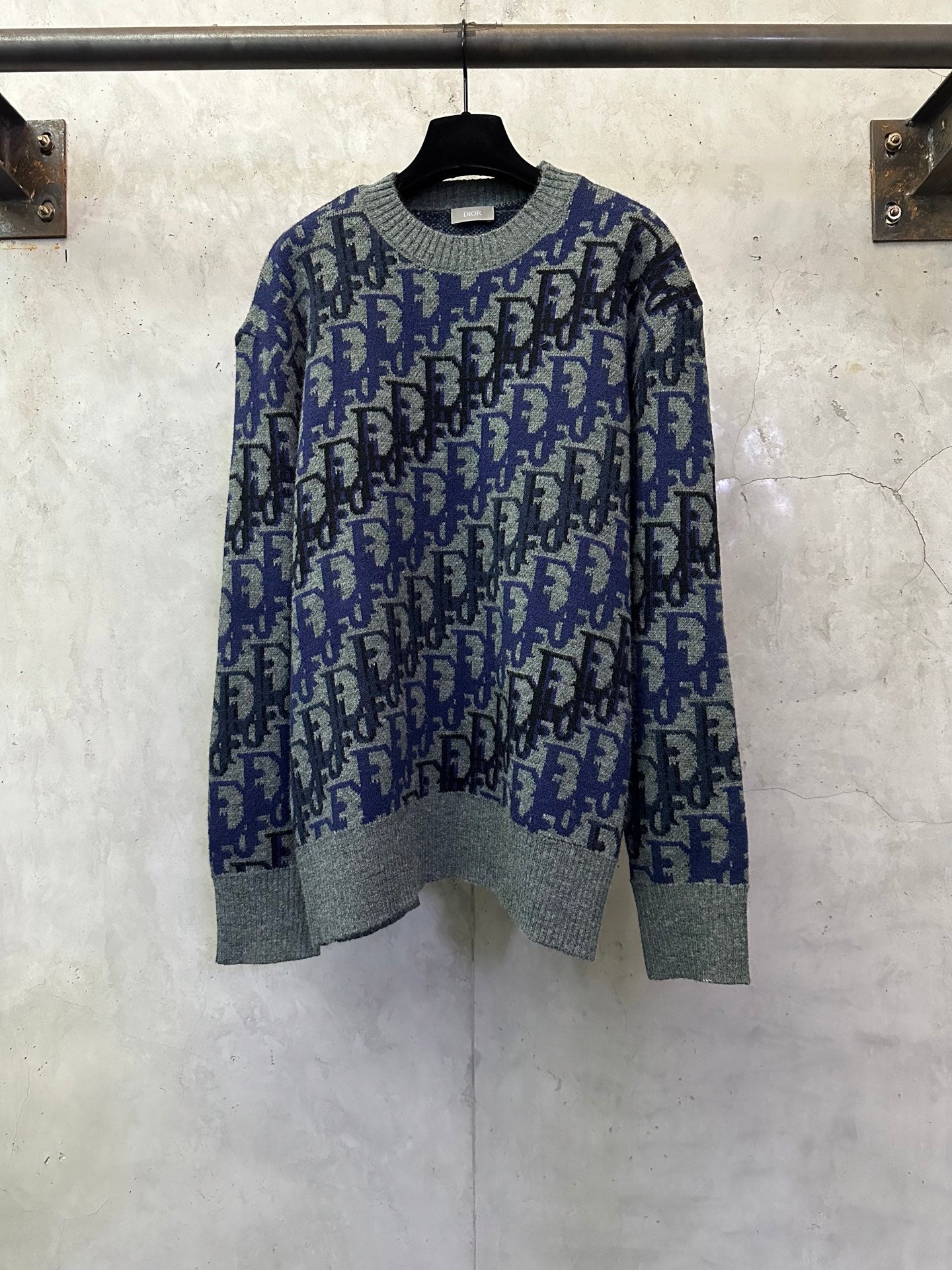 Dior long-sleeve knit sweater with blue and black allover logo pattern, gray trim