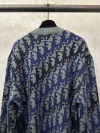 Dior long-sleeve knit sweater back view with blue and black allover logo pattern