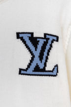 Blue LV-style logo on white knit sweater front