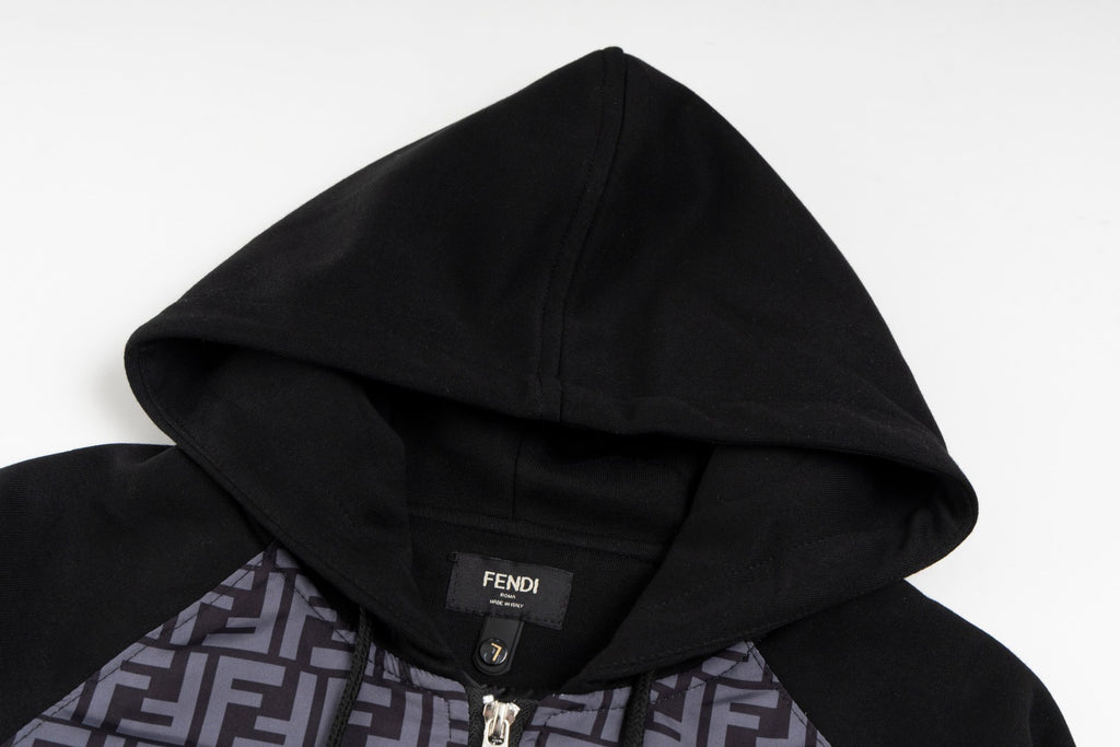 Black hooded zip hoodie with FENDI logo label at the neckline