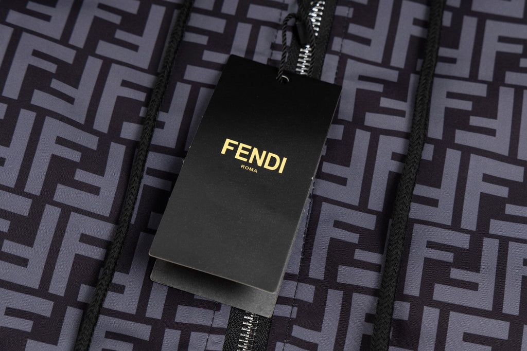 Long zip hoodie inner label near zipper over FF monogram lining