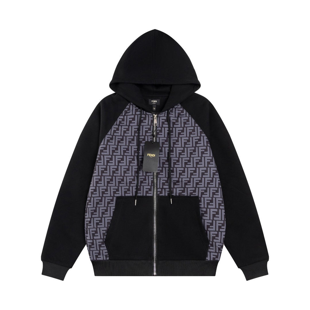 Fendi long zip hoodie with black hood and FF monogram patterned front