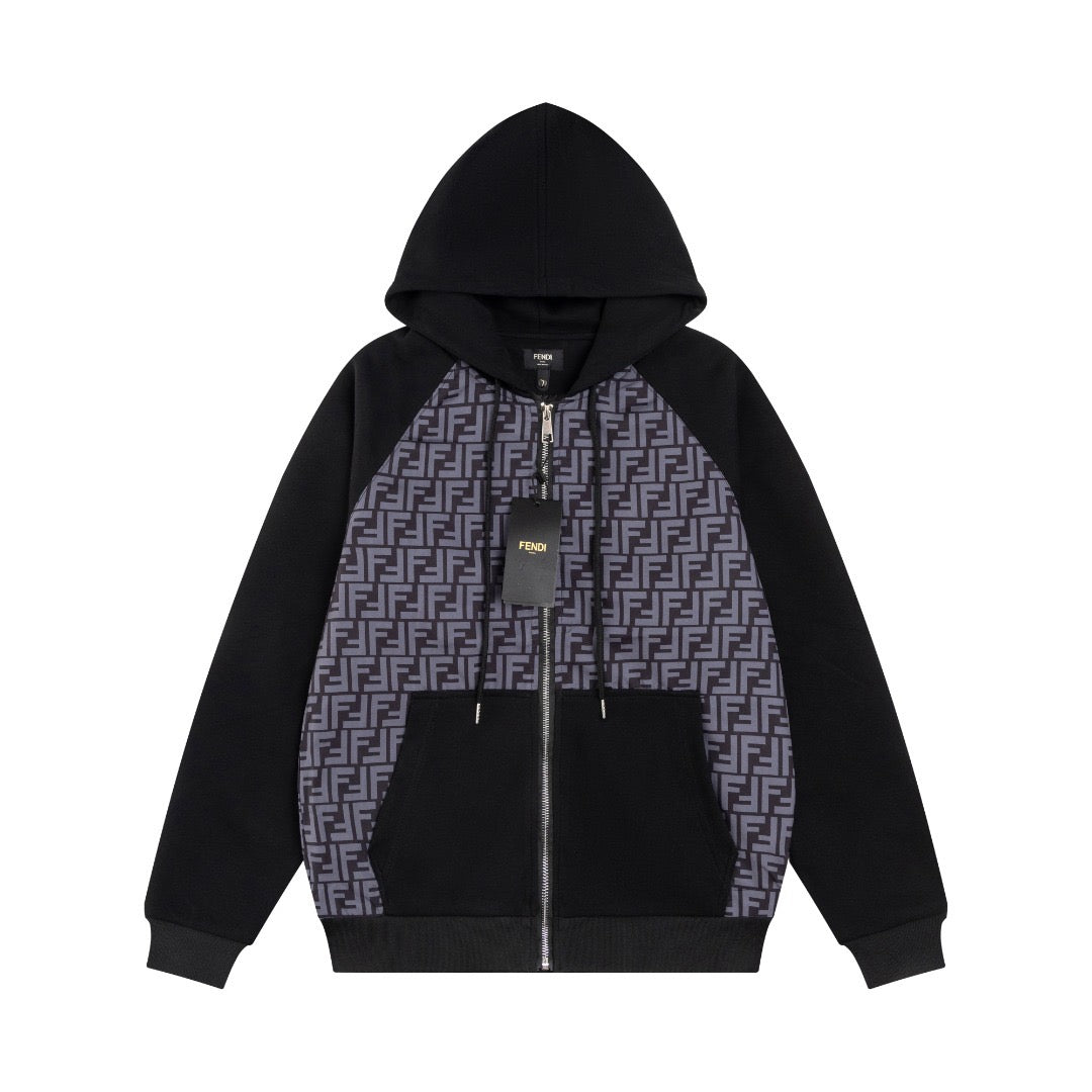 Fendi long zip hoodie with black hood and FF monogram patterned front