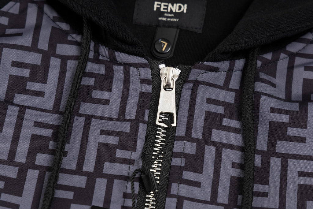 Zip hoodie front with FF monogram panels, silver zipper, and black trim