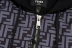 Zip hoodie front with FF monogram panels, silver zipper, and black trim