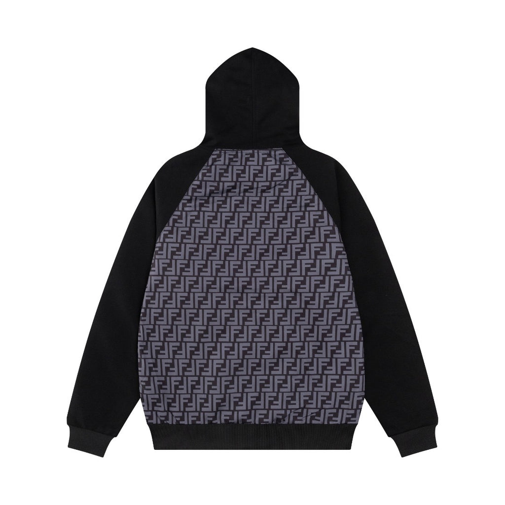 Long zip hoodie with black sleeves and FF monogram back panel under hood