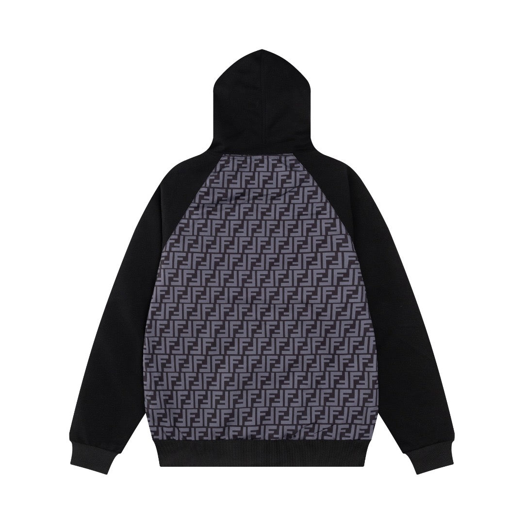 Long zip hoodie with black sleeves and FF monogram back panel under hood