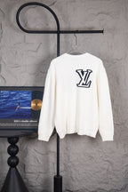 White long-sleeve knit sweater with navy LV logo on back