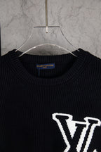 Dark navy knit sweater neckline with white LV logo detail