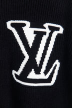 Dark navy knit sweater front with large white LV logo